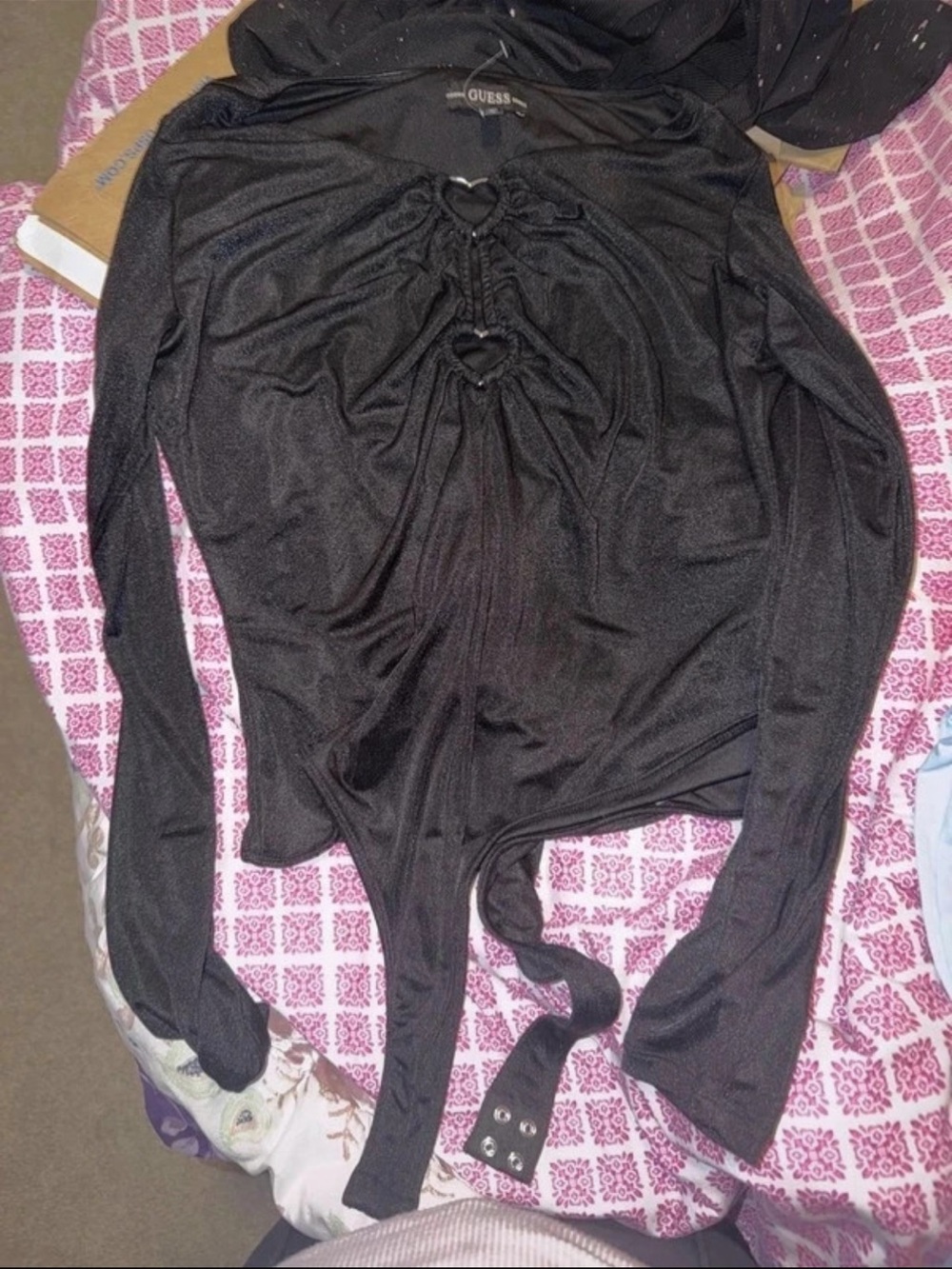 GUESS Black Long Sleeve Heart Cutout Bodysuit